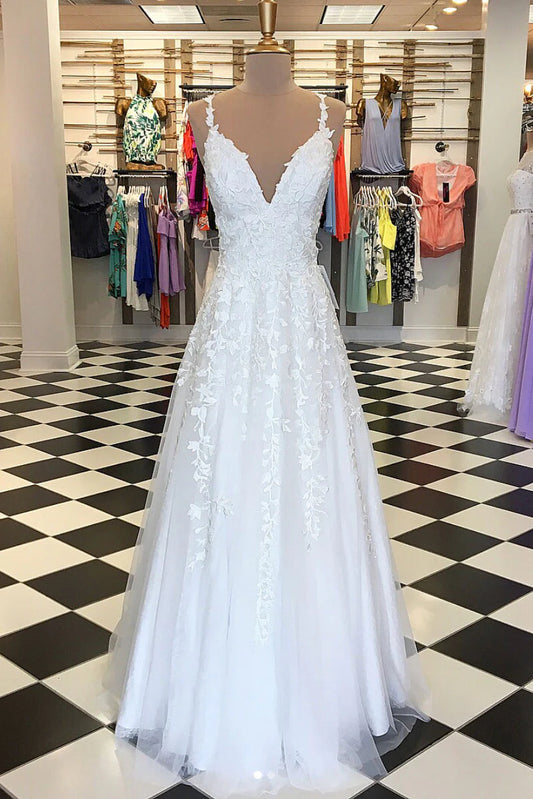 V neck tulle lace applique long Wedding Dresses