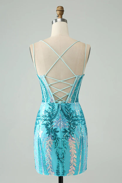 Glitzerndes, figurbetontes Homecoming-Kleid mit Spaghettiträgern und Korsett und Pailletten