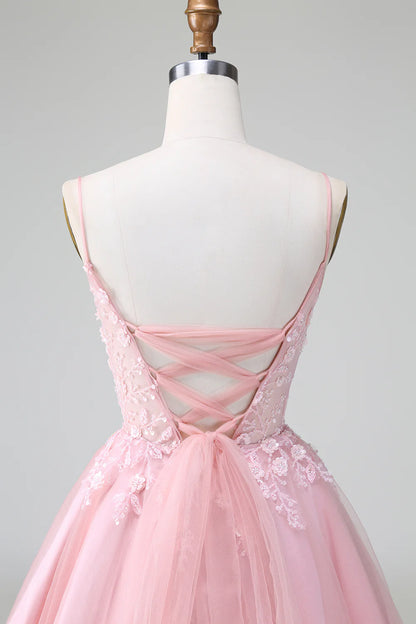 A Line Princess Spaghetti Straps Tulle Short Homecoming Dress with Appliques