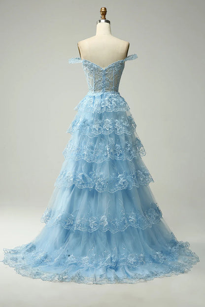 A Line Off the Shoulder Corset Prom Dress with Lace Ruffles