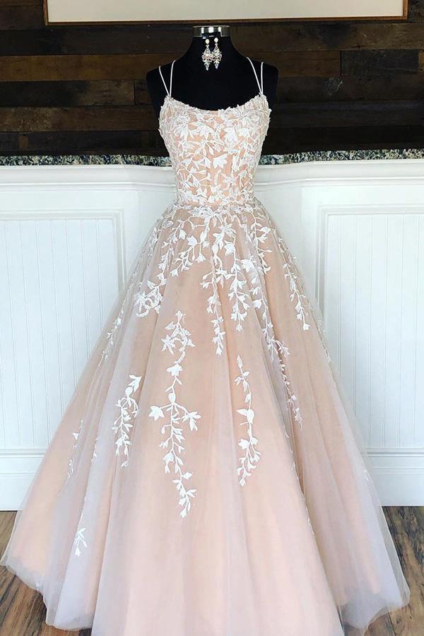 A-line Round Neck Tulle Lace Prom Dresses