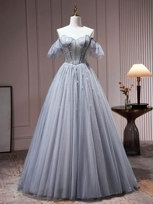 A-Linie Tüll Off Shoulder Perlen Partykleid Abendkleid Ballkleid