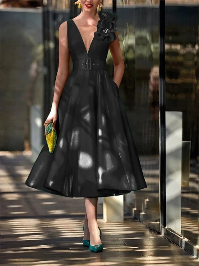 A-Line V Neck Sleeveless Applique Tea Length Mother Of The Bride Dresses