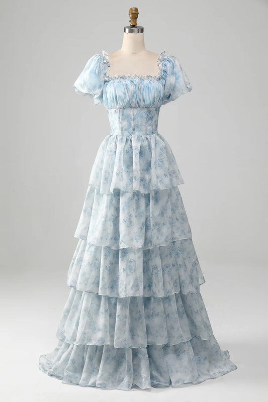 A Line Square Neck Tiered Ruffles Prom Dress