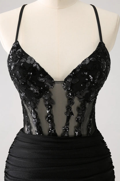 Sparkly Bodycon Spaghetti Corset Short Homecoming Dress with Lace Up Back