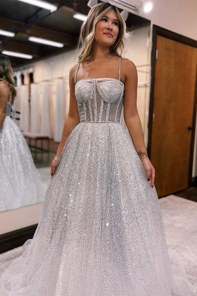 Vestido de fiesta de princesa con tirantes y lentejuelas de corte A