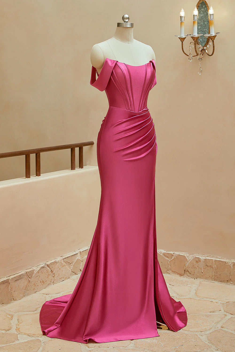 Vestidos de fiesta de satén con abertura y hombros descubiertos de sirena