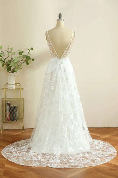 White Spaghetti Straps Boho Wedding Dress with Slit