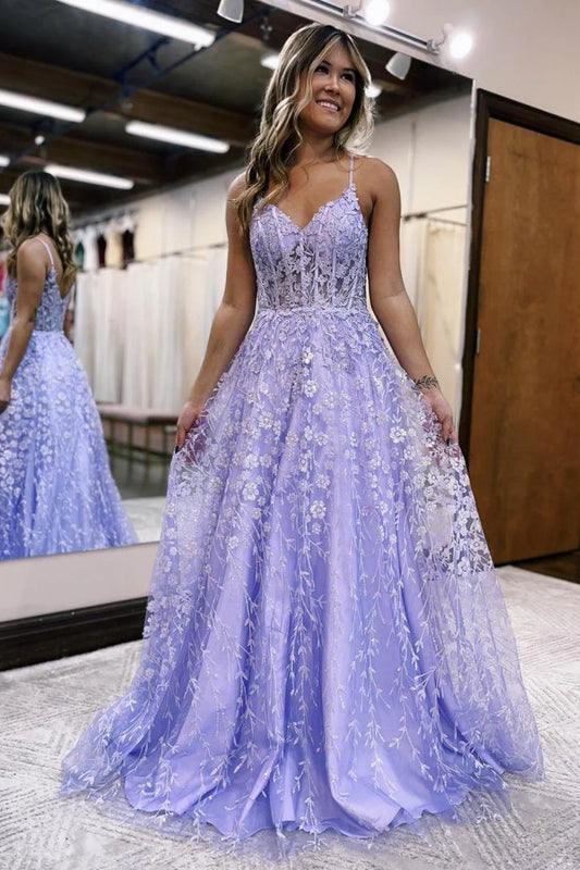 A Line Spaghetti Straps Corset Prom Dress with Appliques