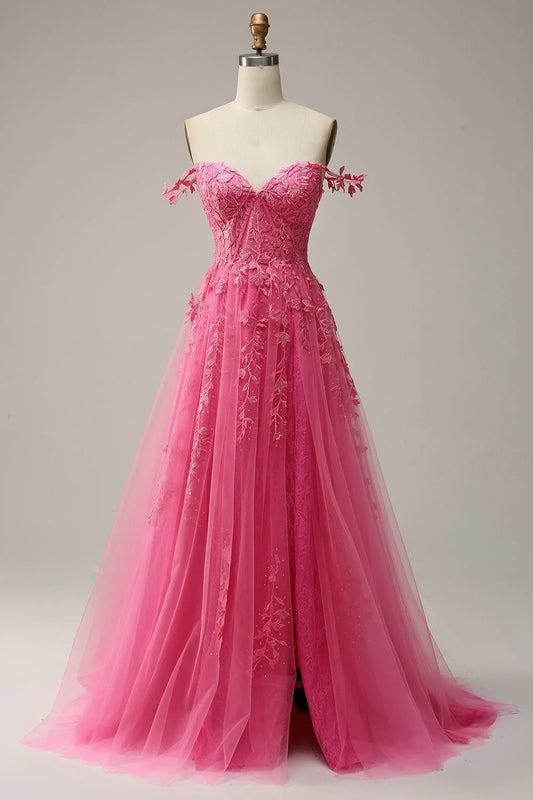 A Line Off the Shoulder Hot Pink Long Prom Dress with Appliques