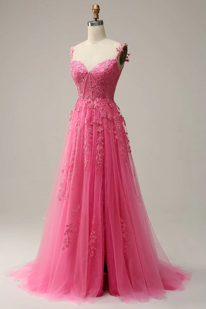 A Line Off the Shoulder Hot Pink Long Prom Dress with Appliques