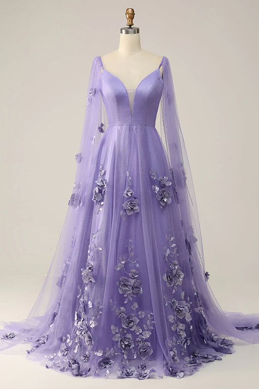 Lila Ballkleid mit Watteau-Schleppe und 3D-Blumen