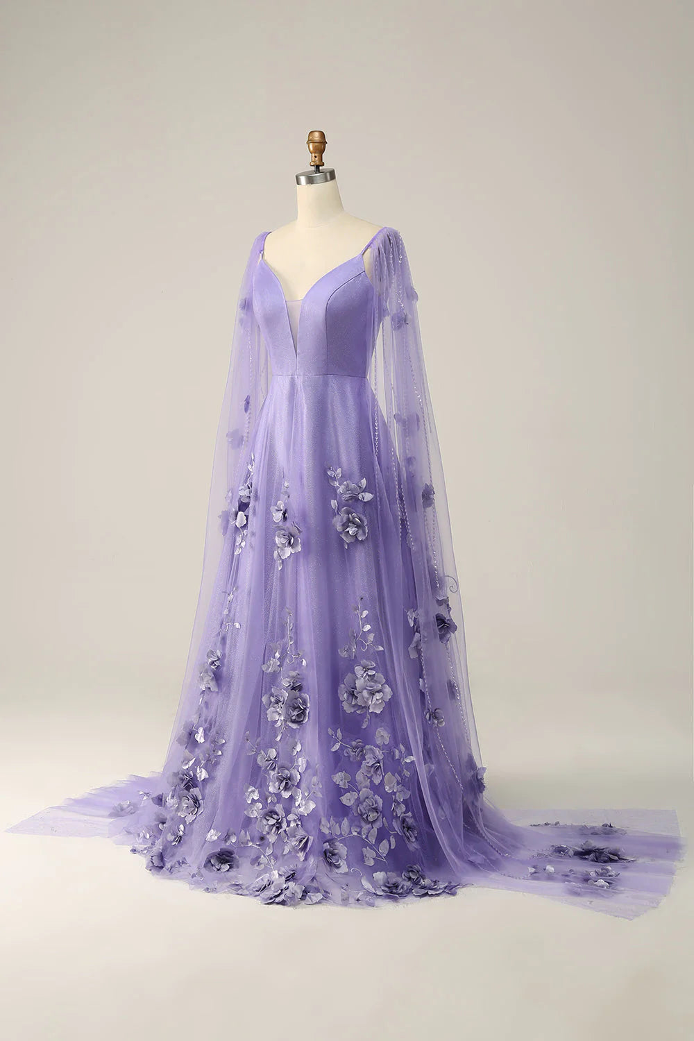 Vestido de fiesta morado con cola Watteau y flores 3D