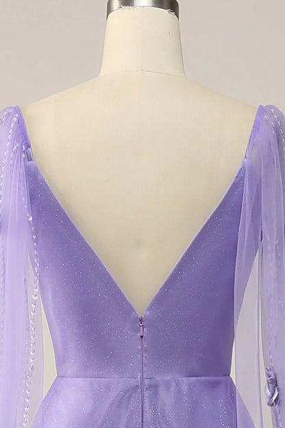 Purple Watteau Train Prom Dress With 3D Flowers