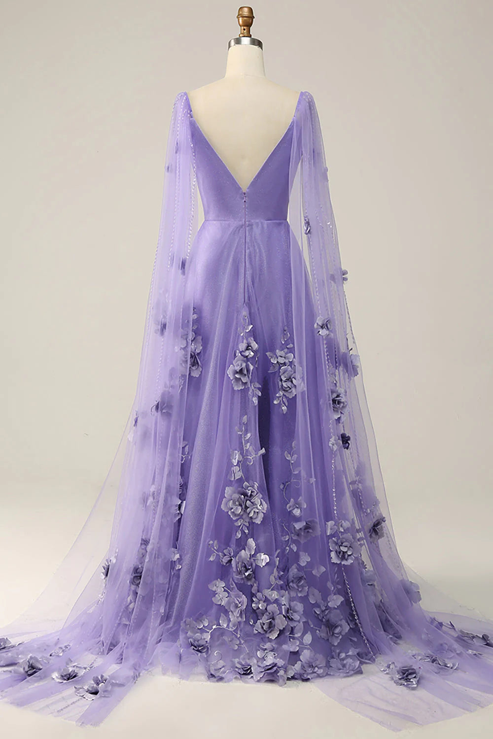 Vestido de fiesta morado con cola Watteau y flores 3D