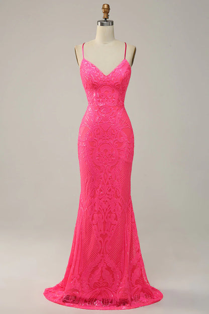 Meerjungfrau Spaghettiträger Pailletten Hot Pink Langes Ballkleid
