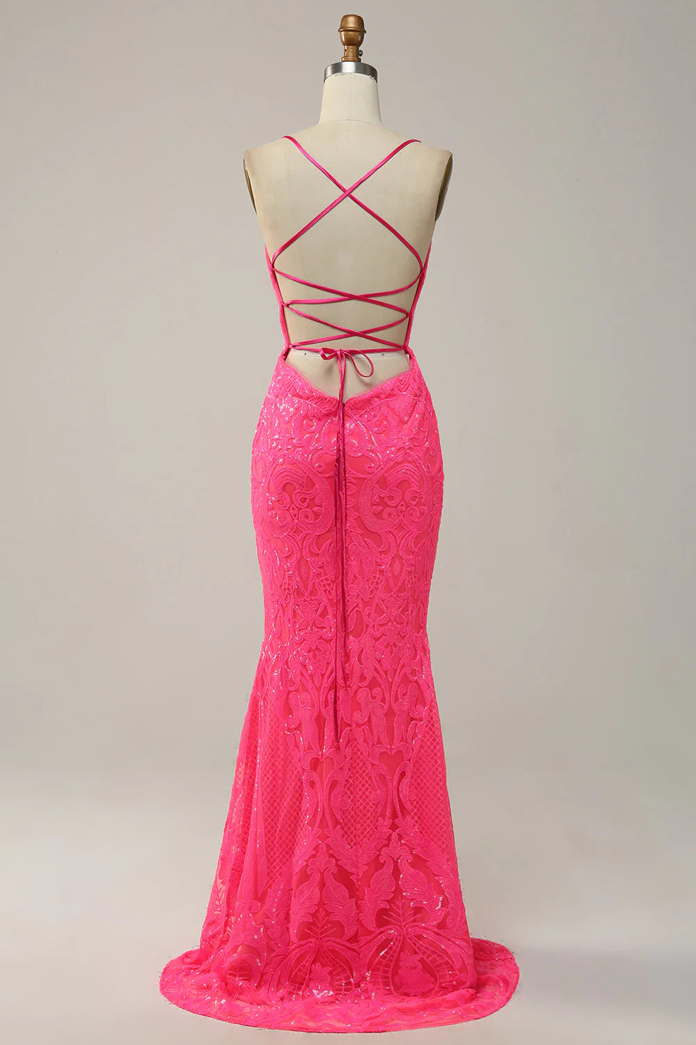 Meerjungfrau Spaghettiträger Pailletten Hot Pink Langes Ballkleid