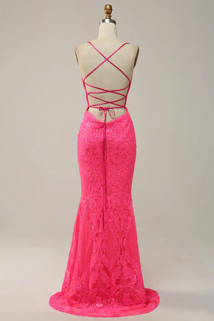 Meerjungfrau Spaghettiträger Pailletten Hot Pink Langes Ballkleid