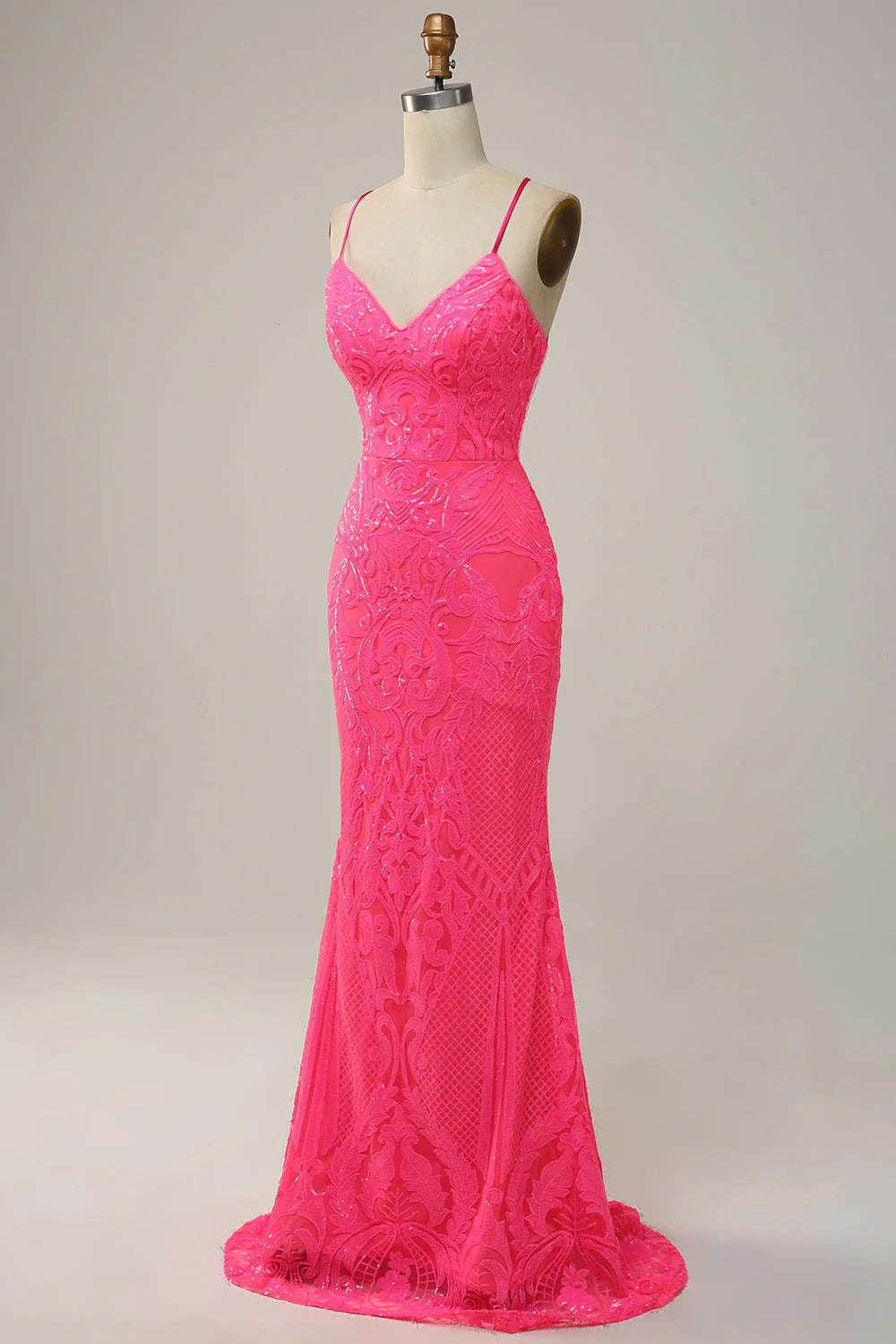 Meerjungfrau Spaghettiträger Pailletten Hot Pink Langes Ballkleid