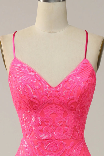 Meerjungfrau Spaghettiträger Pailletten Hot Pink Langes Ballkleid