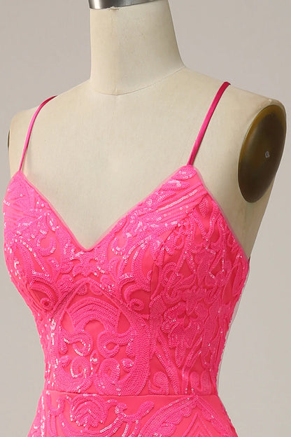 Meerjungfrau Spaghettiträger Pailletten Hot Pink Langes Ballkleid