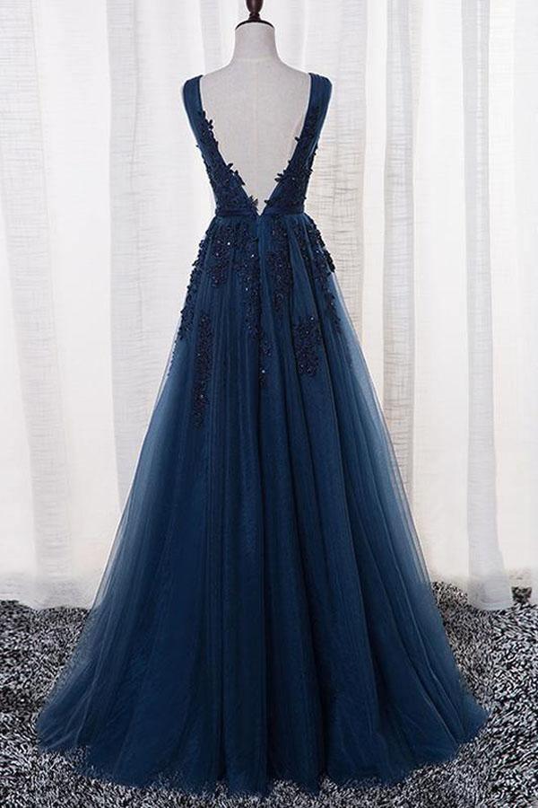 A-Line V-neck Floor length Appliques Tulle Prom Dress