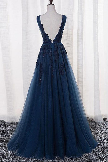 A-Linie V-Ausschnitt Bodenlanges Tüll-Ballkleid mit Applikationen