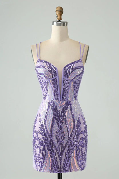 Glitzerndes, figurbetontes Homecoming-Kleid mit Spaghettiträgern und Korsett und Pailletten