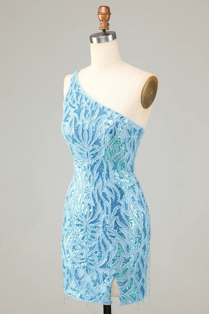 Sheath One Shoulder Sequins Short Homecoming Dress with Tassel