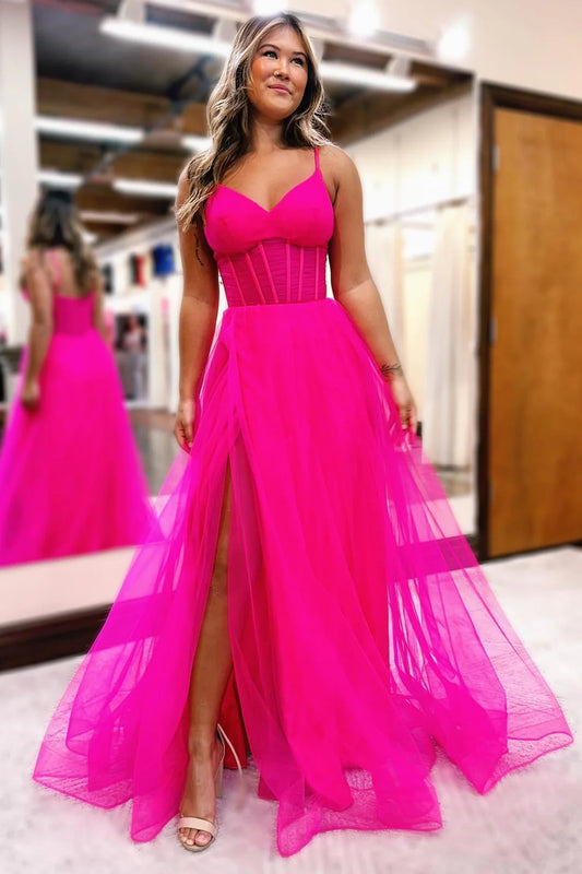 Langes Ballkleid in A-Linie mit V-Ausschnitt, transparentem Oberteil und Schlitz