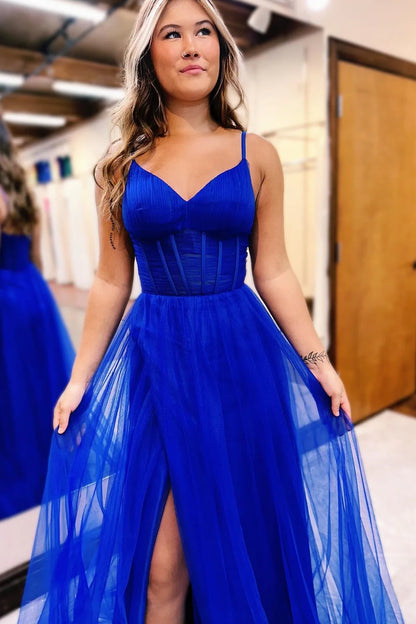 Langes Ballkleid in A-Linie mit V-Ausschnitt, transparentem Oberteil und Schlitz