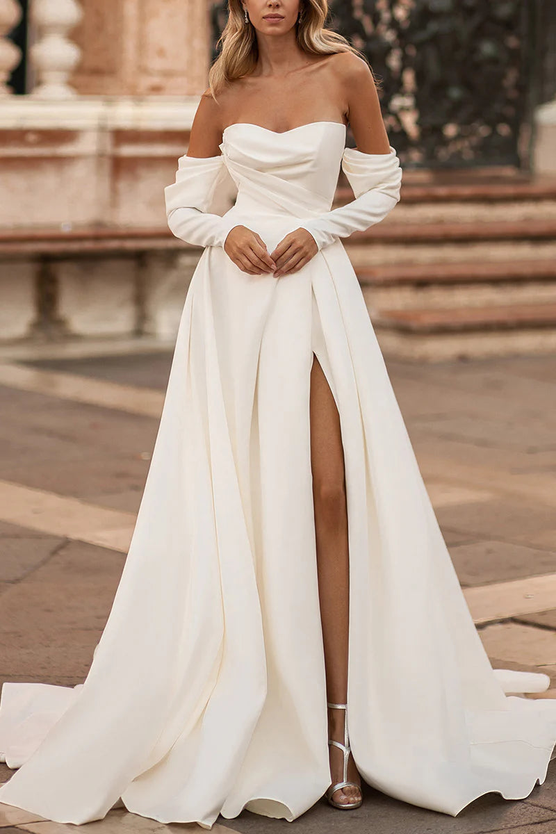 A Line Sweetheart Satin Long Sleeves wedding dress