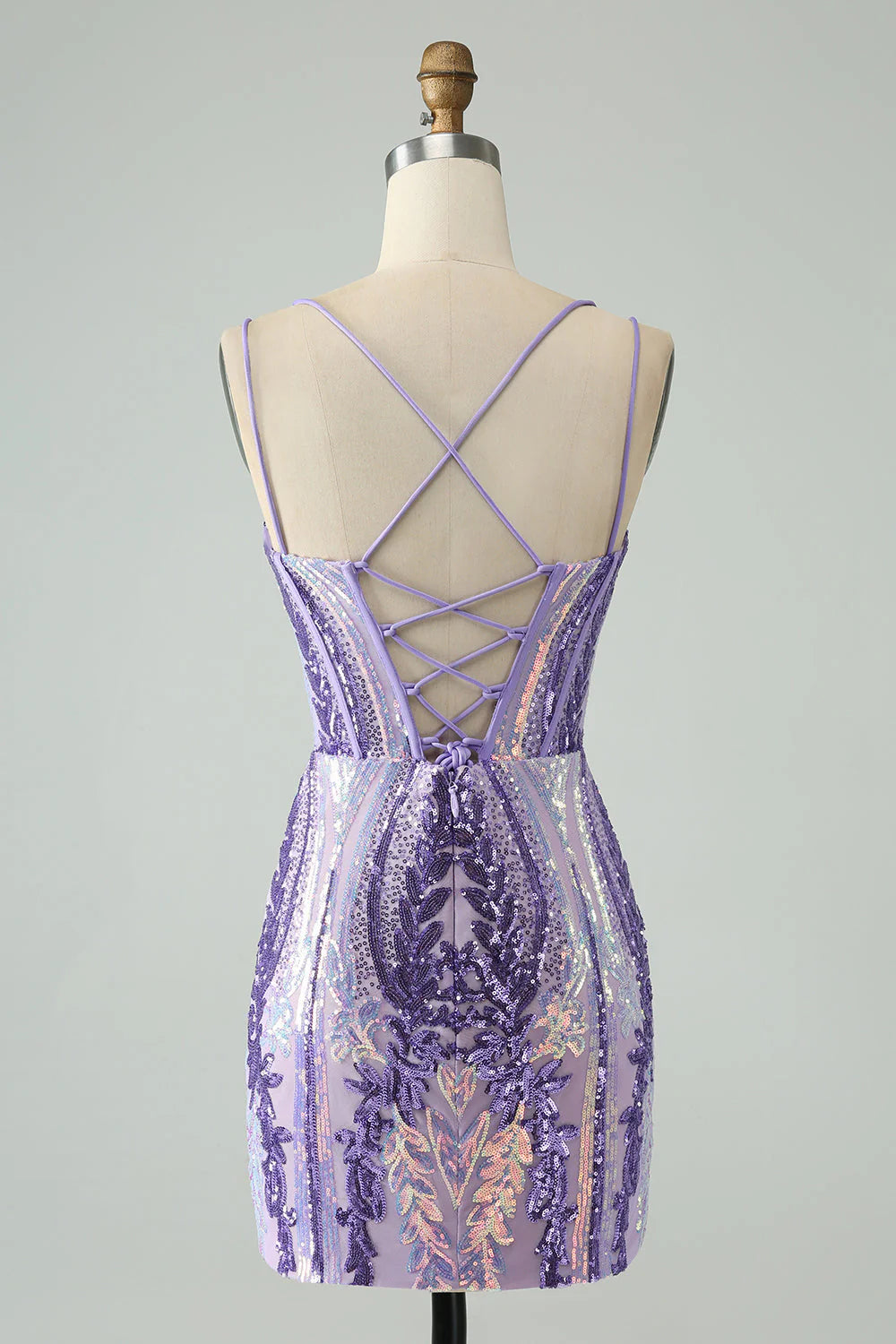 Glitzerndes, figurbetontes Homecoming-Kleid mit Spaghettiträgern und Korsett und Pailletten