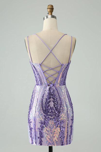 Glitzerndes, figurbetontes Homecoming-Kleid mit Spaghettiträgern und Korsett und Pailletten