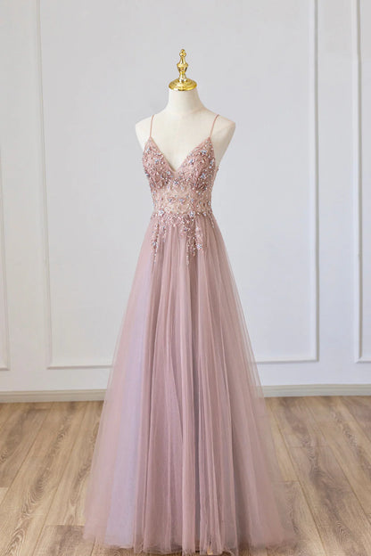 A-Linie Tüll Langes Spaghetti Abendkleid mit Perlenbesatz