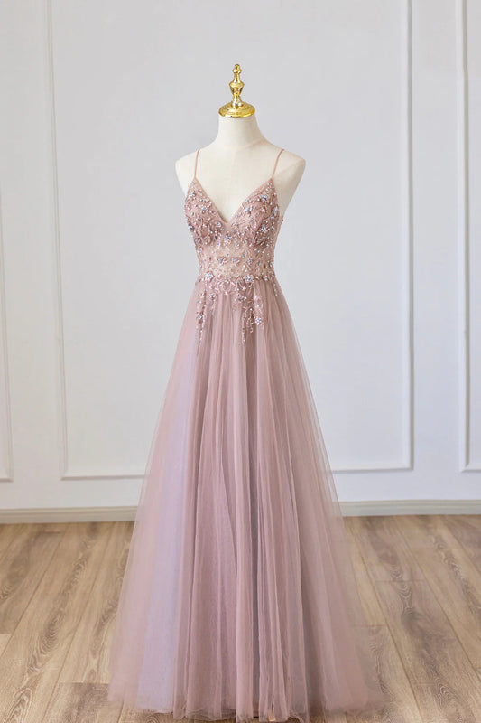 A-Linie Tüll Langes Spaghetti Abendkleid mit Perlenbesatz