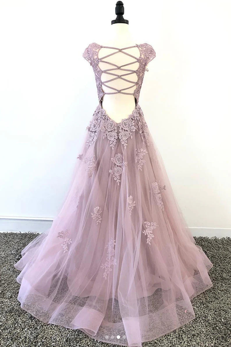 Tulle lace long prom dress