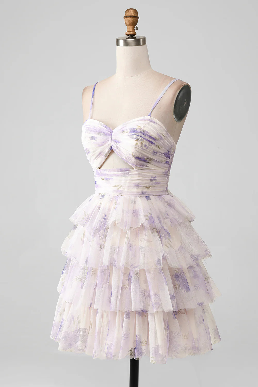 A Line Cute Spaghetti Straps Tulle Tiered Short Homecoming Dress
