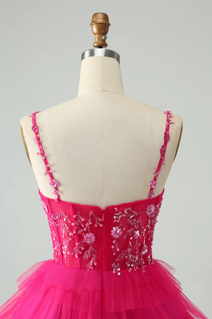 A Line Spaghetti Straps Tulle Tiered Short Homecoming Dress