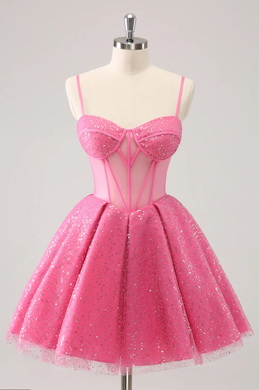 A-Line Spaghetti Straps Corset Cocktail Dress with Sequins