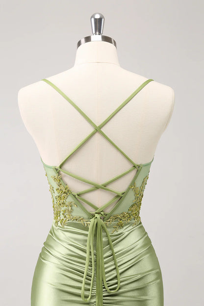 Sparkly Lace-Up Back Appliques Pleated Homecoming Dress