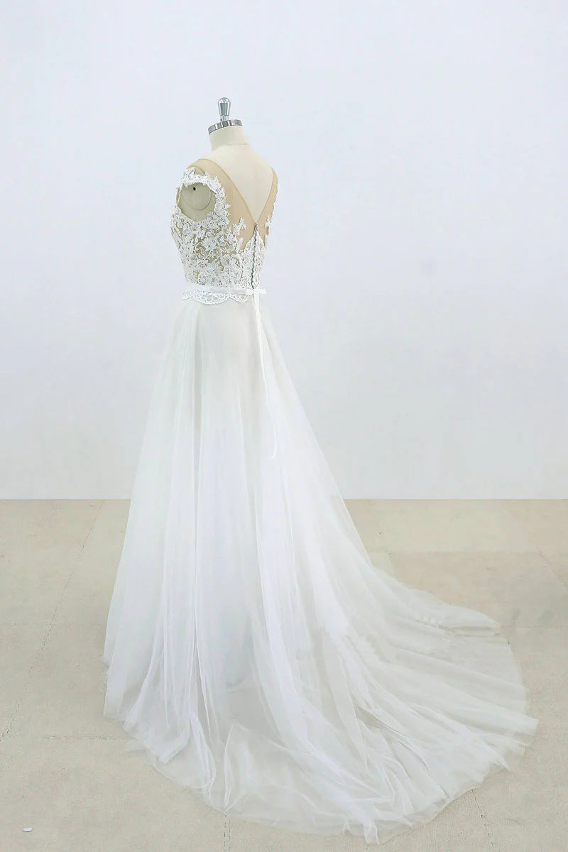 Round neck lace tulle long prom dress