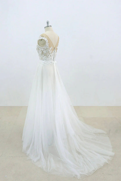 Round neck lace tulle long prom dress