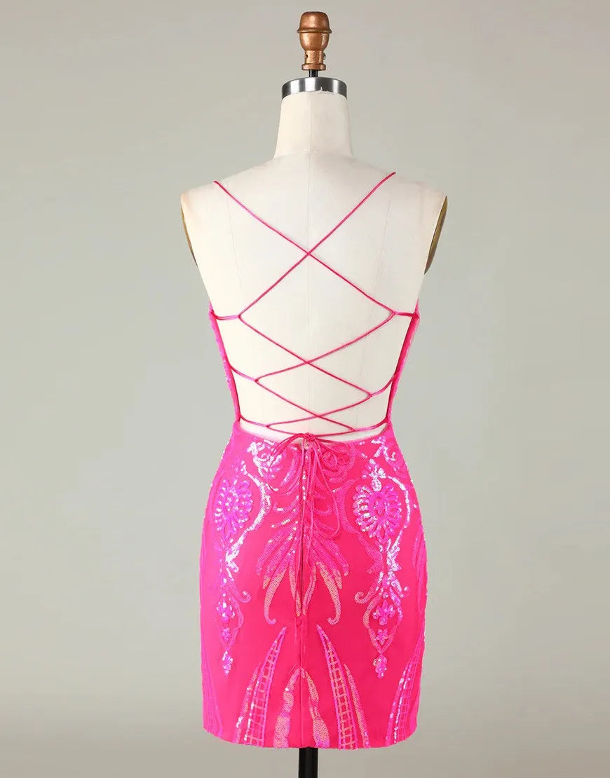 Sparkly Spaghetti Straps Tight Sequins Homecoming Dress