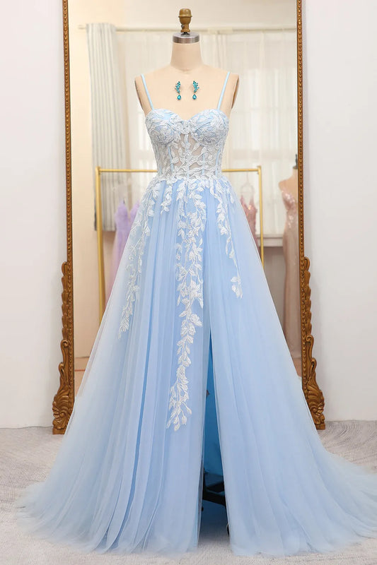 A-Linien-Ballkleid mit Spaghettiträgern, Reißverschluss hinten und Applikationen