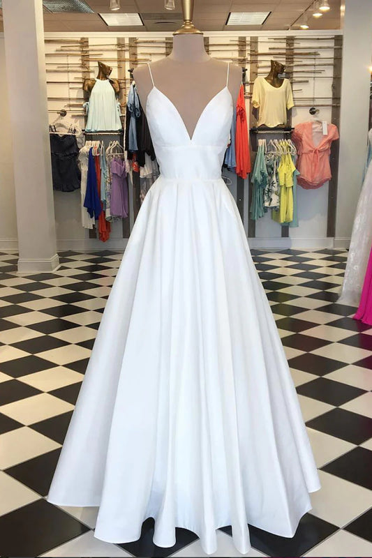 V neck satin long prom dress