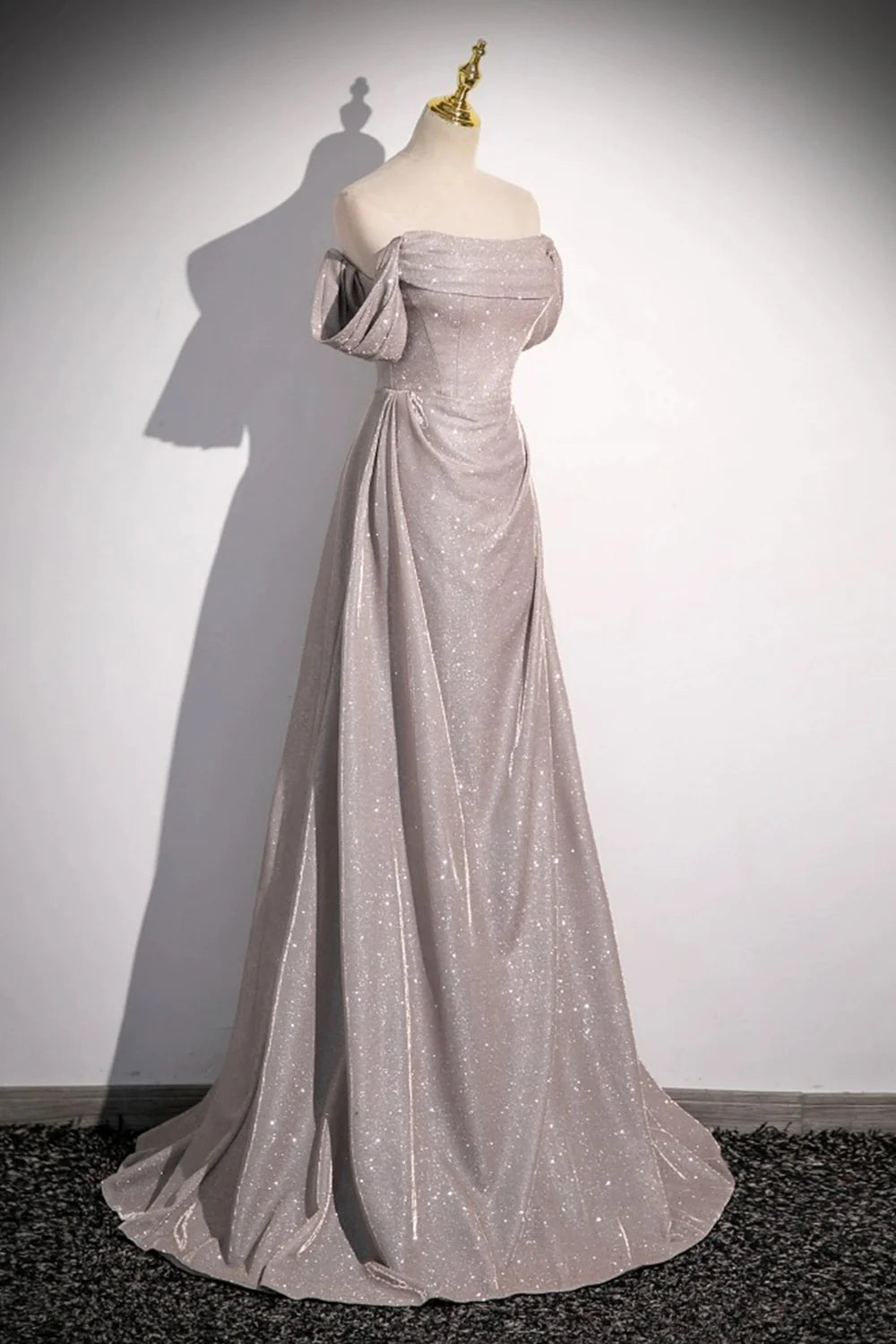 Pailletten Rüschen Langes Schulterfreies Kurzarm Abendkleid mit Sweep-Schleppe