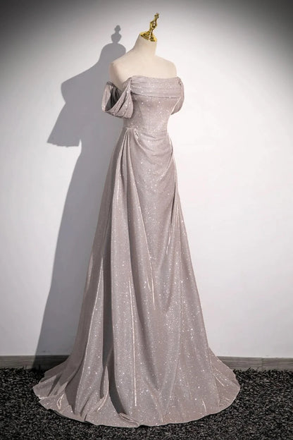 Pailletten Rüschen Langes Schulterfreies Kurzarm Abendkleid mit Sweep-Schleppe