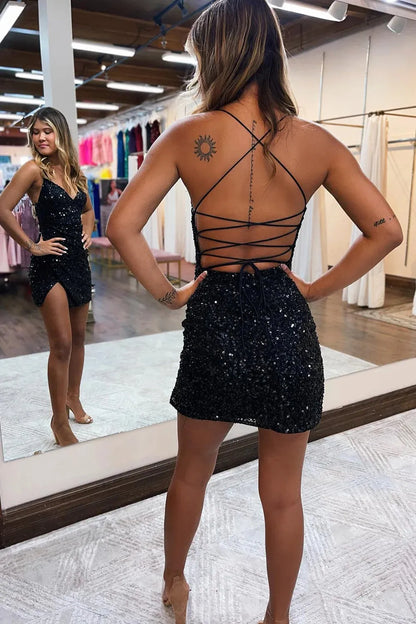 Sequined Bodycon V-Neck Homecoming Dress