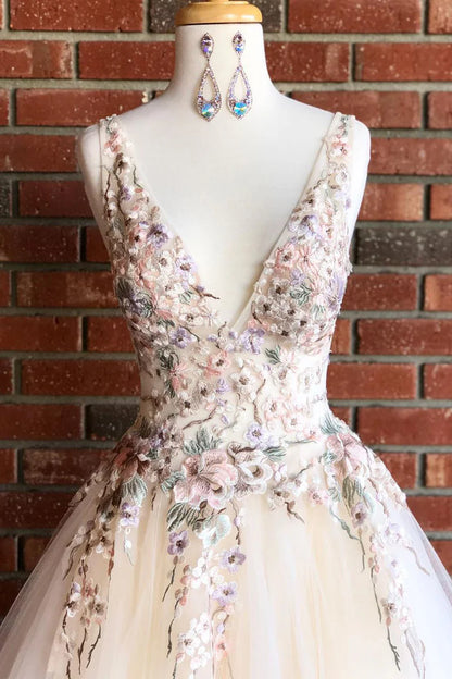 A-line Elegant V Neck Ivory Long Prom Dress with Floral Embroidery